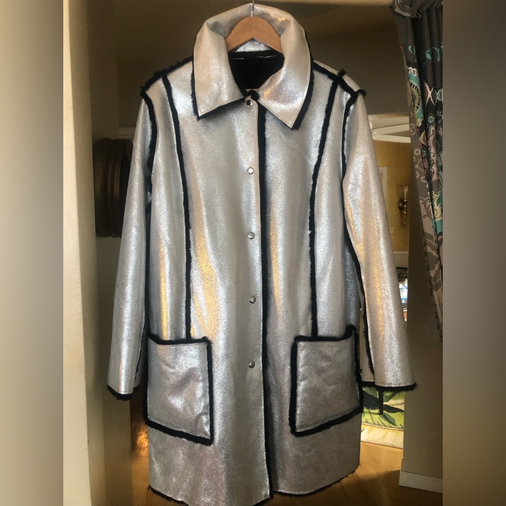 TORY BURCH ESME METALLIC SILVER BONDED FAUX LEATHER/FAUX FUR COAT SZ 14